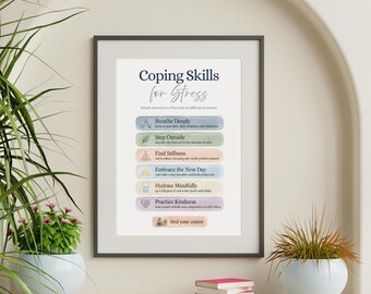 Coping Skills for Stress Poster, Printable Calming Wall Art, Anxiety Relief Print, Therapist Office Decor, Mental Health Classroom Sign