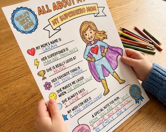 All About My Superhero Mom Printable Worksheet Activity Page Kids Fill In Gift for Mom Coloring Sheet JPG Instant Download