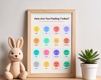 Feelings Chart for Kids, 16 Emotions Poster Printable, Feelings Faces Worksheet, SEL Counseling Instant Download