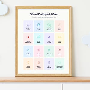 Poster 'Als ik overstuur ben, kan ik dat', 16 copingvaardigheden om uit te printen voor kinderen, 'Rust- en kalmeer-toolbox', direct te downloaden.