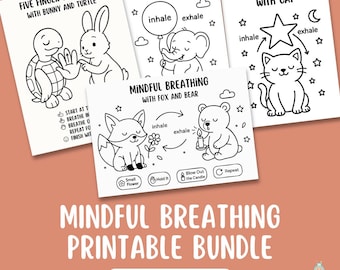 Paquete de ejercicios de respiración consciente para niños: imprimibles de globo de elefante, estrella, zorro y oso, y respiración con cinco dedos. Hojas de trabajo de aprendizaje socioemocional para relajarse.
