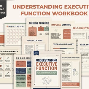 Könnte beinhalten: Ein digitales Arbeitsbuch mit dem Titel Understanding Executive Function, das mehrere Seiten mit Abschnitten zu flexiblem Denken, Impulskontrolle, Selbstüberwachung, Zeitblockierung, Arbeitsgedächtnis und Aufgabeninitiierung in neutralen Farben enthält.