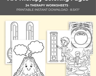 Art Therapy Coloring Pages for Kids Teens Adults, 24 Printable DBT CBT Worksheets, Emotions Anxiety Self Esteem, Counseling Instant Download