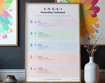 5-4-3-2-1 Grounding Technique Worksheet, Anxiety Relief Printable for Kids Teens, Mindfulness Coping Skills, Counseling Instant Download