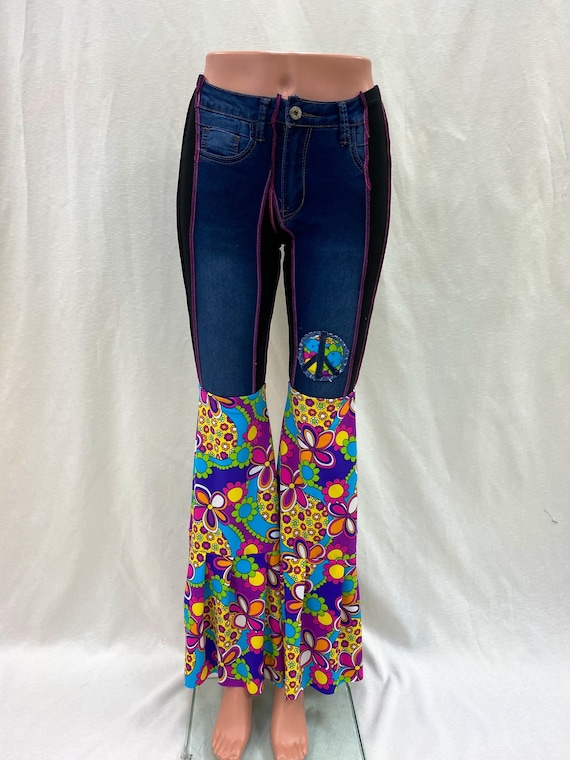 Tie Dye Jeans Reworked Denim Pants Hippie 70s Style Bell Bottom Leg Large 