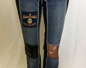 Leather and Lace Patch Jeans / One of a Kind Jeans / Custom Made / Handmade Clothing / Slim Leg / Styles Ever After / House of Blues
