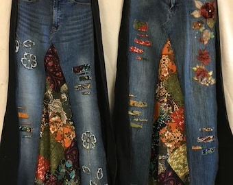 Upcycled Embroidered Jean Skirt: One-of-a-Kind Design