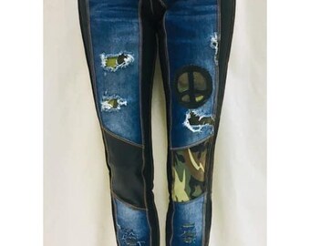 Camo and leather Holy Grail ripped lined holes Skinny Jeans by Kim Styles