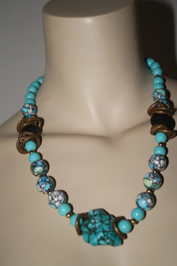 Statement Necklace Turquoise Lava Coin beads with… - image 4