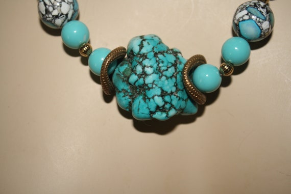 Statement Necklace Turquoise Lava Coin beads with… - image 6