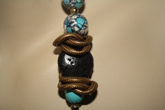 Statement Necklace Turquoise Lava Coin beads with… - image 3