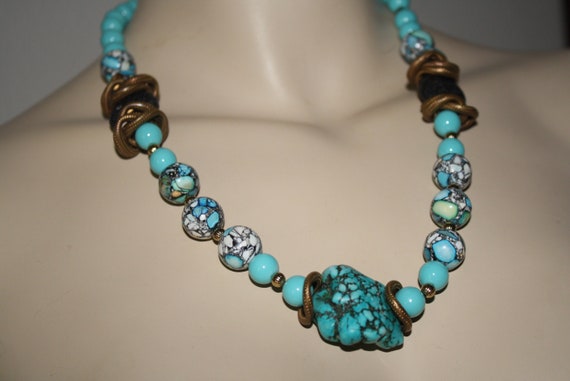 Statement Necklace Turquoise Lava Coin beads with… - image 1