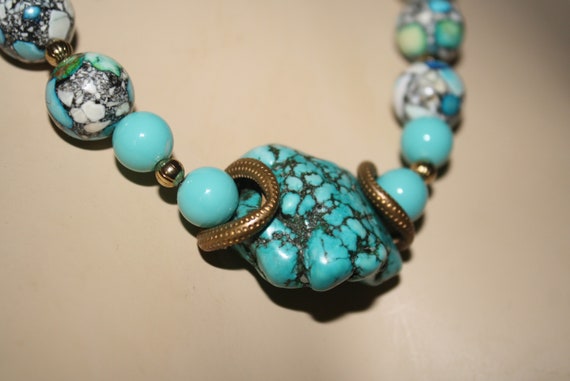 Statement Necklace Turquoise Lava Coin beads with… - image 2