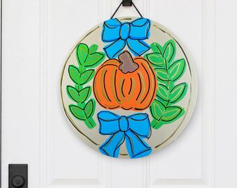 Pumpkin Door Hanger with Blue Bows | Hand Painted Fall Front Door Decor