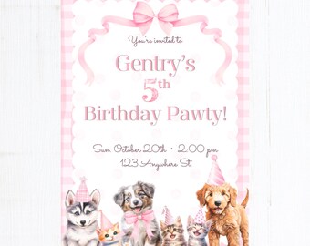 Invitación de cumpleaños editable de cachorro y gatito para niña / Descarga digital de cumpleaños de guinga rosa