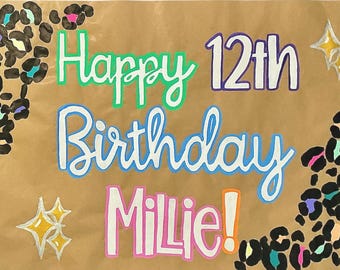 Banner de cumpleaños con estampado de leopardo pintado a mano / Decoración de fiesta personalizable