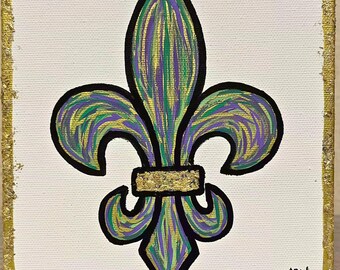 Lienzo de flor de lis de Luisiana pintado a mano / Colección de pinturas originales de Mardi Gras de 6 x 6