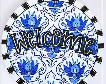 Colgante de bienvenida pintado a mano para puerta / Decoración mediterránea de estilo chinoiserie en azul y blanco para porche