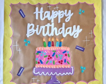 Pancarta de pastel de cumpleaños pintada a mano / Pancarta personalizable de 76 x 76 cm