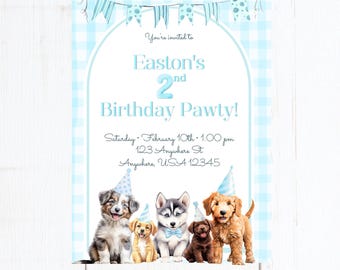 Invitación editable de cumpleaños de cachorro para niños pequeños / Invitación digital de descarga con diseño de cuadros azules