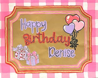 Banner de cumpleaños pintado a mano / Corazones y regalos personalizables