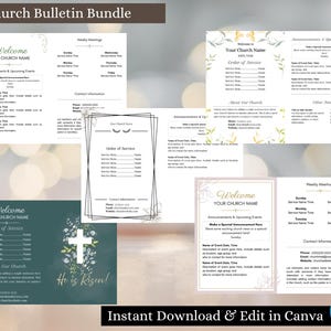 Puede incluir: Un paquete de 5 boletines para iglesia con varios diseños que incluyen fondos blancos, detalles florales y bordes geométricos. Cada plantilla contiene espacios para el nombre de la iglesia, el orden del servicio y datos de contacto.