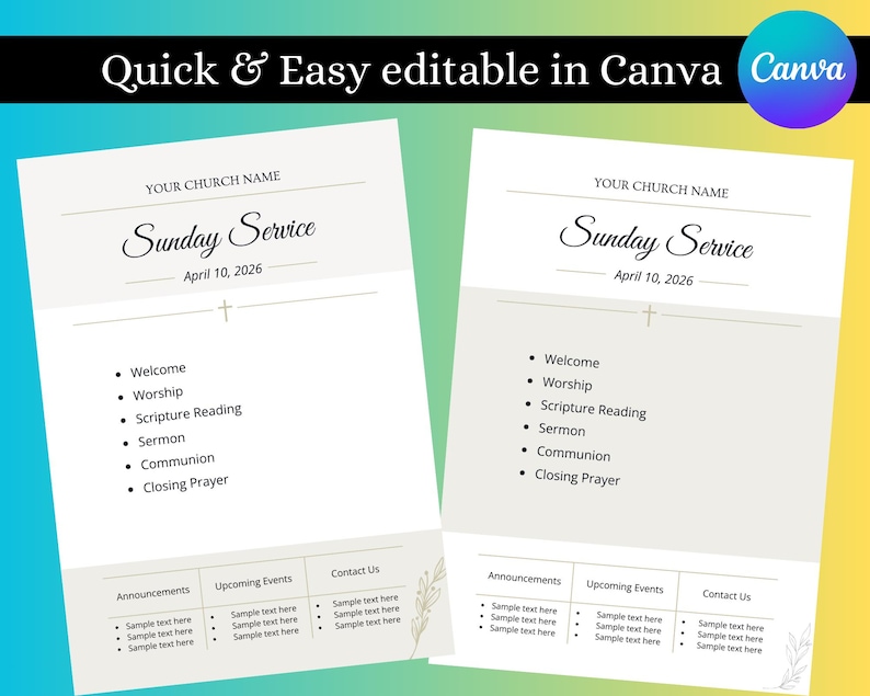 Sunday Program Bulletin Editable Church Bulletin Template | Sunday Service Program | Bible ...