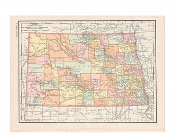 Antique 1899 color map of North Dakota from disbound encyclopedia - Free US Shipping