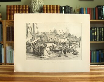 May include: A black and white engraving depicting a harbor scene with multiple ships docked at a pier. The ships have sails and are surrounded by people. The engraving is titled "Naval Arsenal of Batavia, Porta de Sud."