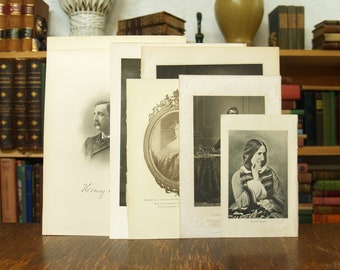 Collection of 9 original portrait prints from various disbound antique books - Free US Shipping