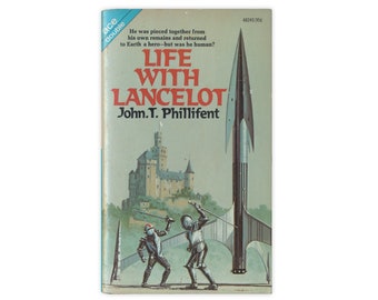 May include: A vintage paperback book cover with a blue and red title "Life With Lancelot" by John T. Phillifent. The cover features a futuristic rocket ship, a medieval castle, and two knights fighting with swords.