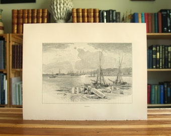 May include: A black and white engraving of a harbor scene with multiple ships docked. The ships are surrounded by a group of people working on a large stone structure.
