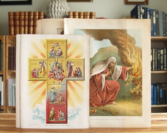 Collection of eight original color prints from various disbound antique Christian religious books - Free US Shipping