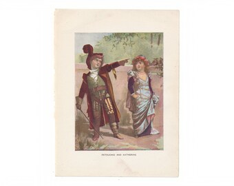 Petruchio and Katherine - antique color illustrated portrait print from 1907 book - Free US Shipping