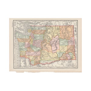 Antike Farbkarte von Washington aus der 1899 Imperial Referenzbibliothek, 8,5 x 11 Zoll - Kostenloser US Versand