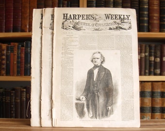 Drie antieke uitgaven van de krant Harper's Weekly uit 1858 - Gratis verzending in de VS