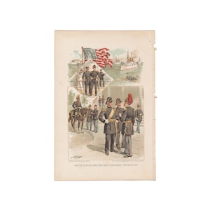 United States Army and Navy Uniforms - Present Day - original antique color print from 1897 history book - Free US Shipping