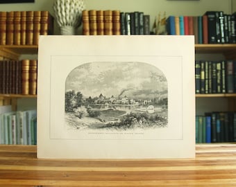 May include: A black and white engraving of government buildings on a small island. The buildings are surrounded by trees and water. The engraving is titled "Government Buildings on Ward's Island."