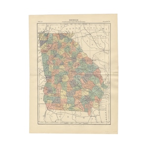 Antique color map of Georgia from the 1890 Encyclopedia Britannica 9th edition, 9.5 x 13 inches - Free US Shipping