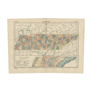 Antike farbige Karte von Tennessee aus der 1890 Enzyklopädie Britannica 9.Auflage, 9,5 x 13 Zoll