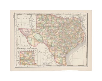 Antique color map of Texas from the 1899 Imperial Reference Library, 8.5 x 11 inches - Free US Shipping