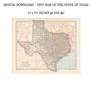 1907 Karte von Texas in Farbe - 24 x 30 cm digitaler Download, 300 DPI PNG