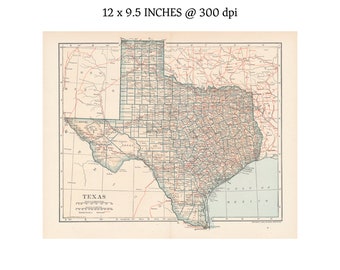 1907 Map of Texas in color - 9.5 x 12 inch digital download, 300 DPI PNG