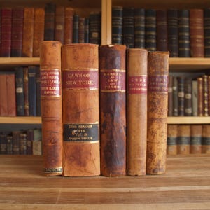Five antique law books in leather bindings with red spine labels - Free US Shipping