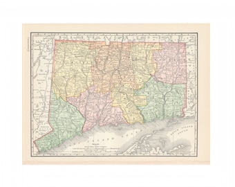 Könnte beinhalten: Eine Vintage-Karte des Bundesstaates Connecticut, die die Countys und Städte zeigt. Die Karte ist in Grün-, Gelb-, Rosa- und Blautönen gehalten. Die Karte trägt den Titel "Connecticut" und enthält eine Skala und einen Kompass.