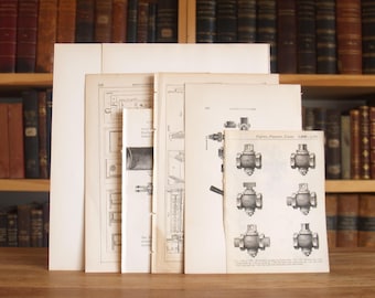Colección de nueve grabados e ilustraciones originales sobre mecánica y tecnología de varios libros antiguos desmantelados - Envío gratuito a EE. UU.