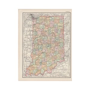 Antike Farbkarte von Indiana aus der 1899 Imperial Referenzbibliothek, 8.5 x 11 Zoll - Kostenloser US Versand