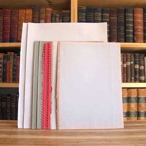 Pode incluir: Três livros de bolso brancos empilhados em uma prateleira de madeira com livros de cada lado. O livro de cima é o maior, o livro do meio é ligeiramente menor e o livro de baixo é o menor. O livro do meio tem uma borda decorativa vermelha e cinza.