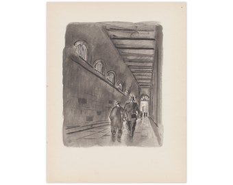 Vintage print by Bernard Lamotte from the 1949 Anatole France book "Crainquebille" - Free US Shipping