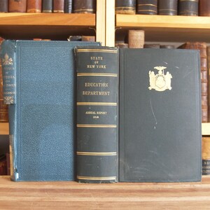 May include: Three vintage hardcover books with blue and black covers. The book on the left has the title "Russia of To-Day" and the book in the middle has the title "State of New York Education Department Annual Report 1908".